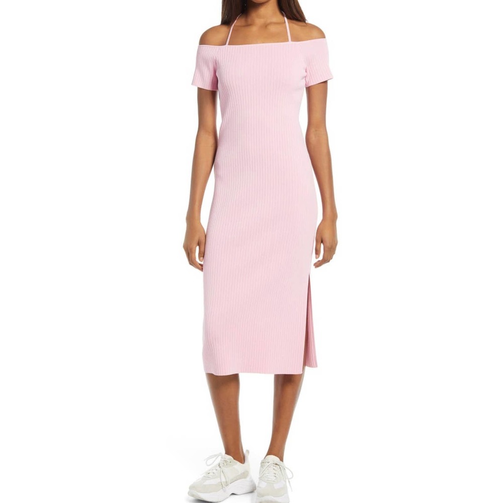 WAYF Deena Off Shoulder Ribbed Knit Sweater Dress Large Pink